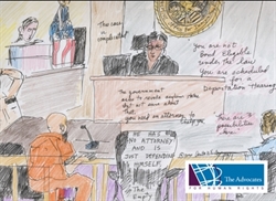 [ai] A courtroom sketch showing a judge in a black robe, two individuals seated, and a lawyer's desk. A man in an orange jumpsuit is speaking. Text notes on the sketch reference legal status and options.